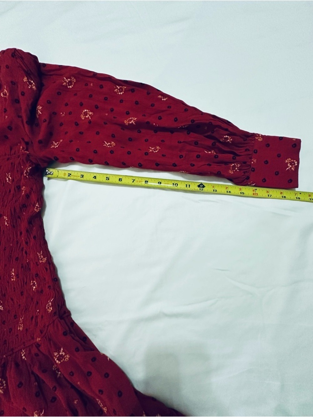 FREE PEOPLE TWO FACES RED PRINT SMOCKED MINI DRESS BOHO PUFF SLEEVE COQUETTE L - Picture 7 of 13